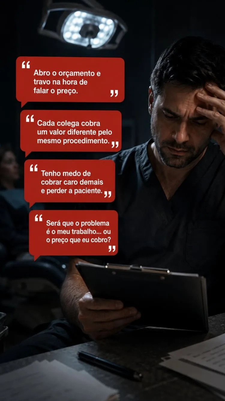 Dentista estressado segurando uma prancheta com orçamento, cercado de balões com pensamentos sobre insegurança na hora de cobrar